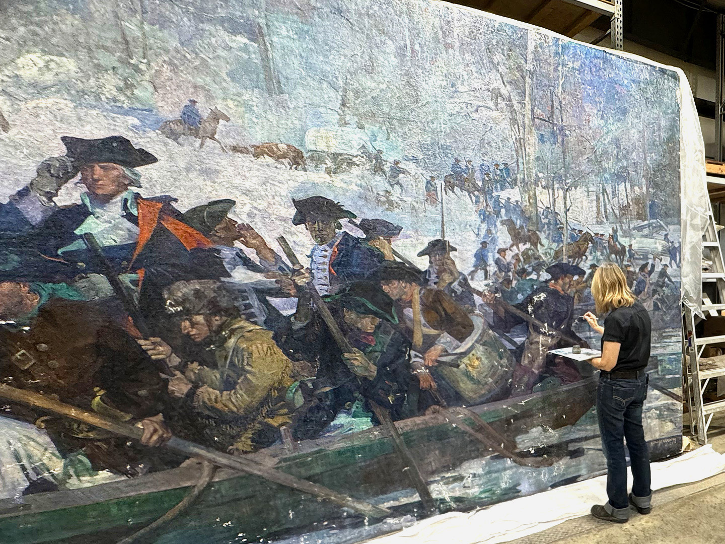 Christyl Cusworth restoring Washington Crossing painting